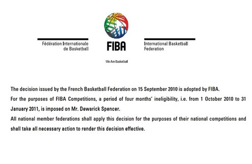 Спенсер был дисквалифицирован с октября Еще 15 сентября Французская федерация баскетбола приняла решение дискфалифицировать Деворика.